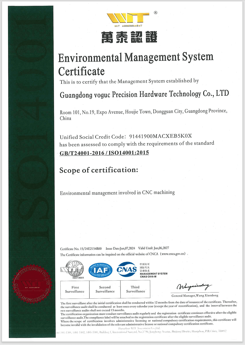 VOGUC ISO 14001 environmental management certificate