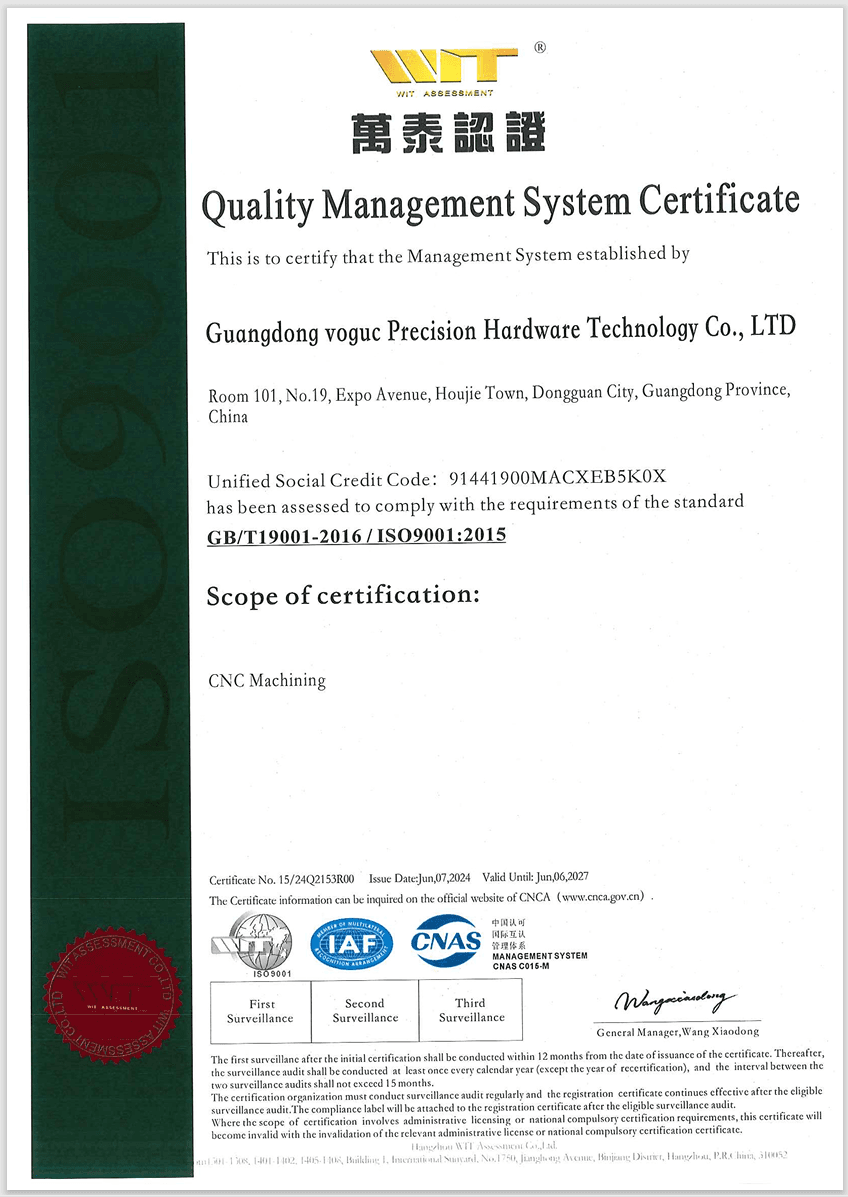 VOGUC ISO 9001 quality management certificate